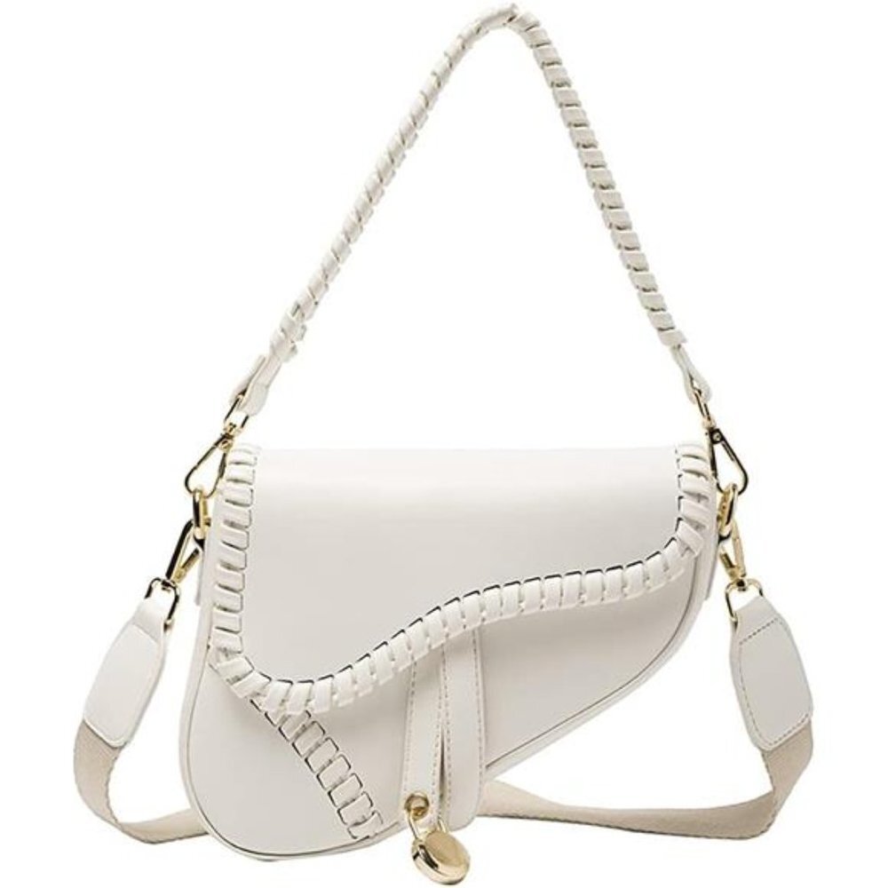 White Braided Faux Leather Mini Saddle Purse Shoulder Mini Crossbody Bag Handbag - Picture 4 of 7
